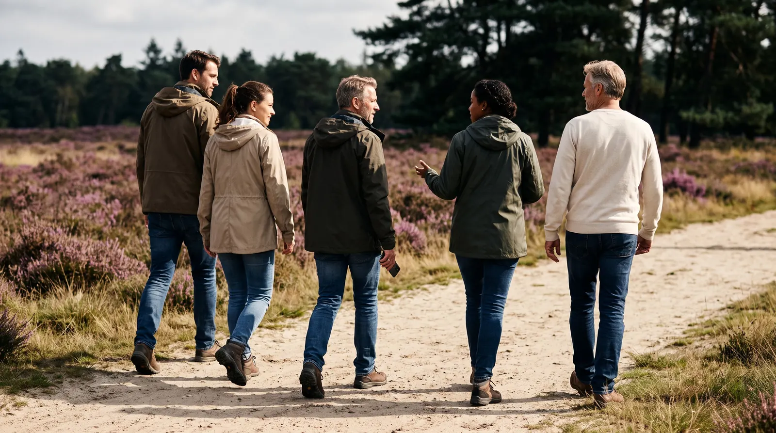 Vijf collega's lopen over een zandpad door de heide